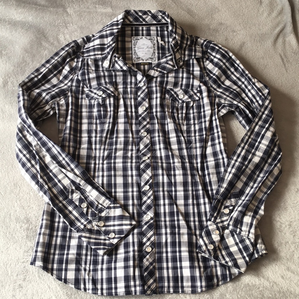 GUESS Navy and White Plaid Stretch Button Down